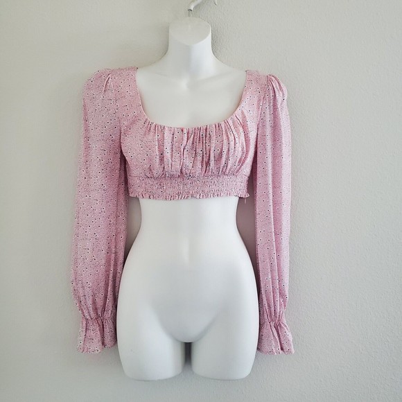 Princess Polly Tops - Princess Polly Susanna Floral Crop Top 4 Pink Smocked Bell Sleeves Milkmaid